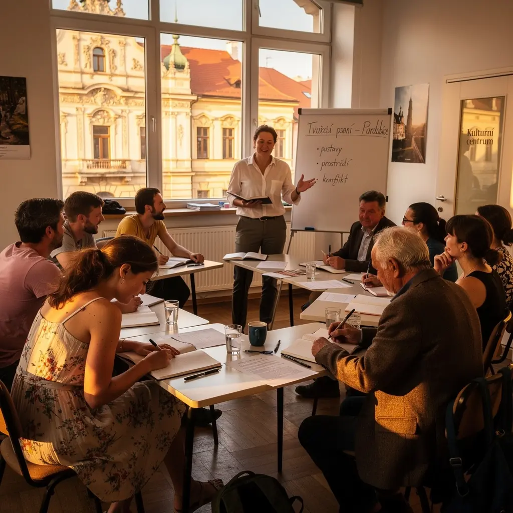 Fotografie spisovatele, který čte úryvek ze své knihy před publikem.