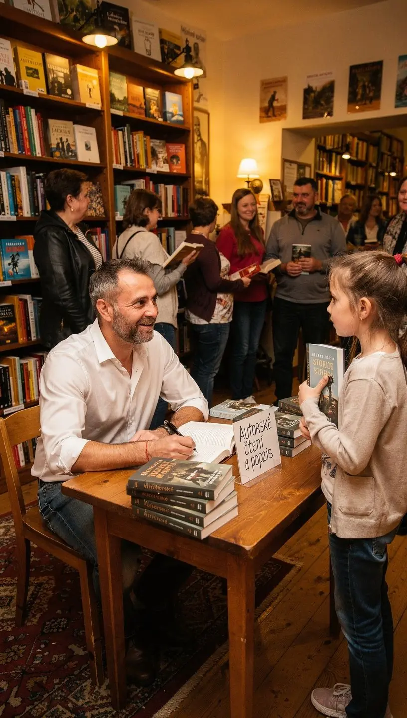 Záběr na čtení poezie v útulné kavárně s knižními polici.