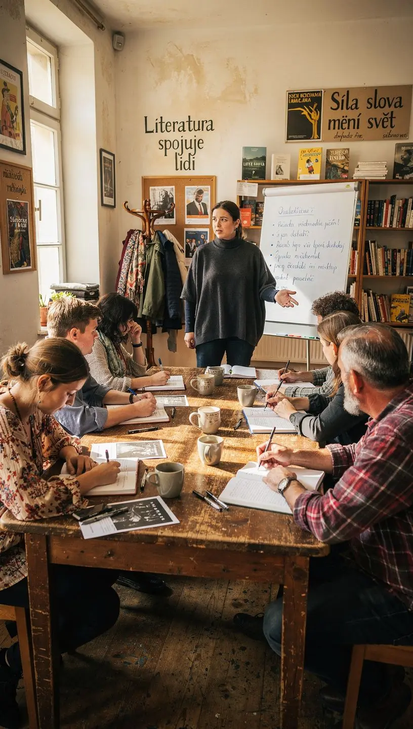Ilustrace zachycující inspirativní prostředí, kde autoři píšou své příběhy.