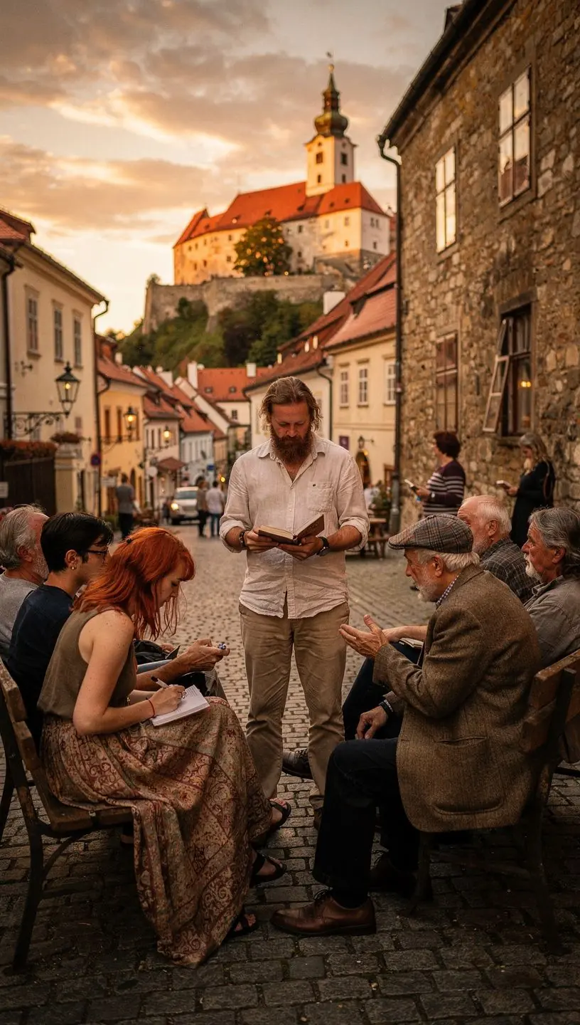 Čtení z děl místních autorů se koná v útulné kavárně plné posluchačů.